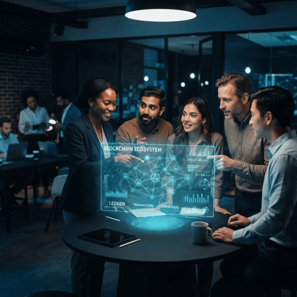 Diverse community members collaborating around a holographic blockchain interface